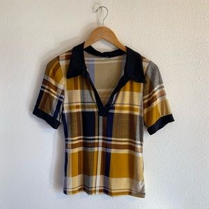 One By One Y2K Yellow Blue Plaid Collar Short Sleeve Small